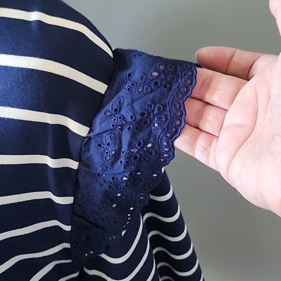 J. Crew Factory Navy and Antique White Striped Eyelet Ruffle Trim Sweatshirt NWT - Picture 6 of 12